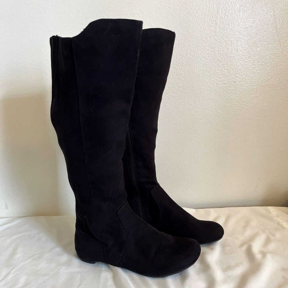 KENNETH COLE REACTION Pro Slide Over The Knee Zip Suede Stretch Boot, Black- 6M